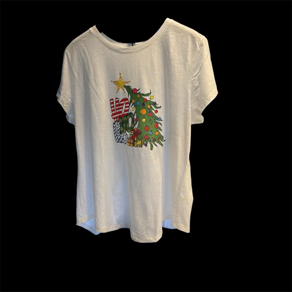 Holiday White Women's Tee with Christmas Tree Design